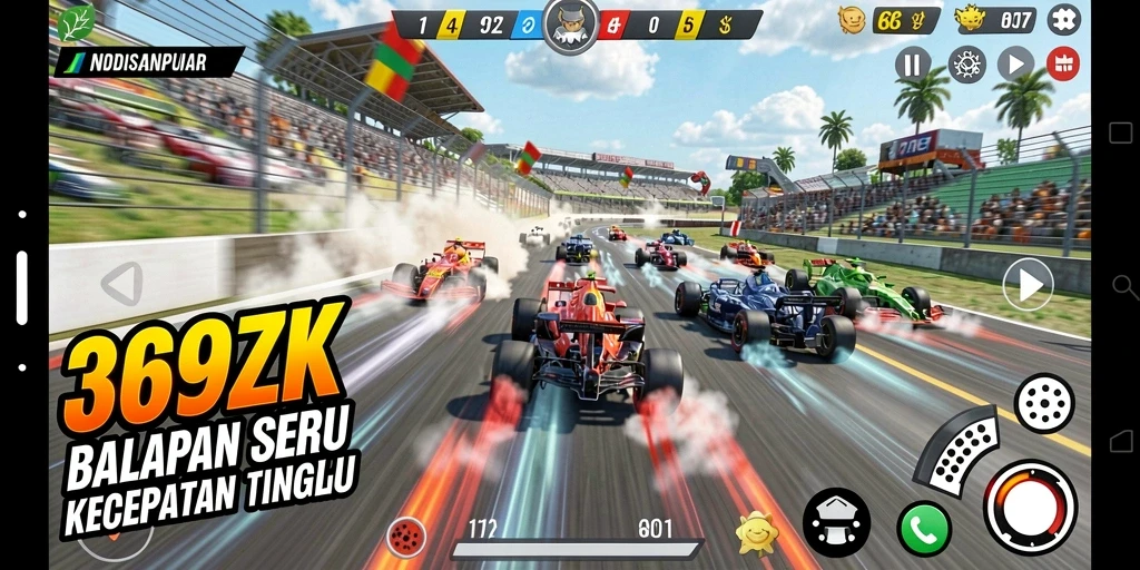 Tampilan gameplay seru dalam balapan 369ZK dengan mobil cepat.