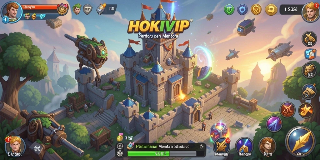 Screenshot gameplay HOKIVIP menampilkan serangan menara dan musuh yang intens.