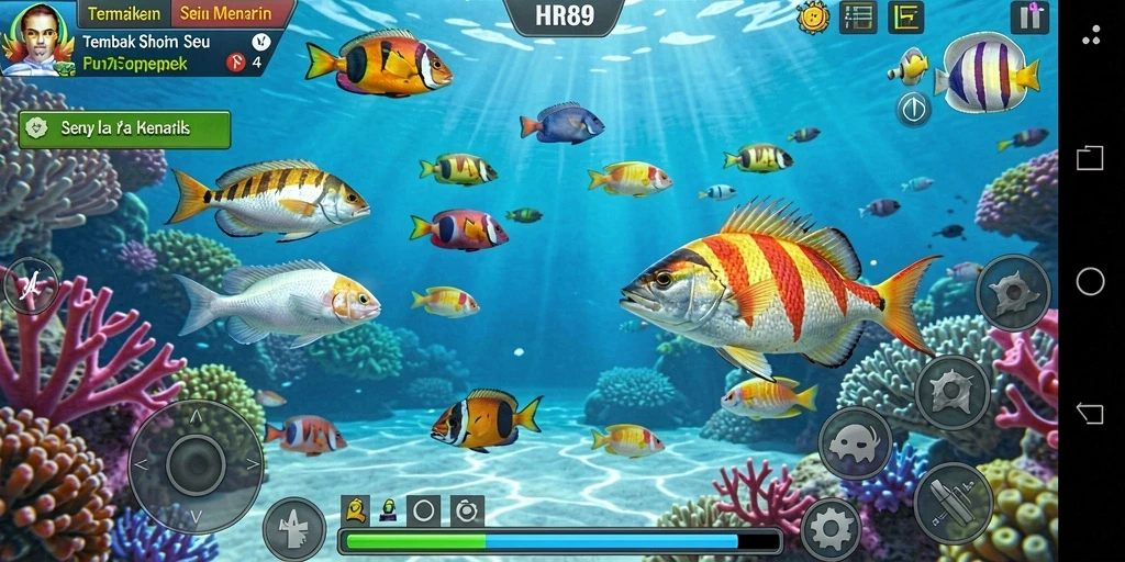 Tampilan gameplay menembak ikan dengan grafis menawan dan efek suara yang menarik.