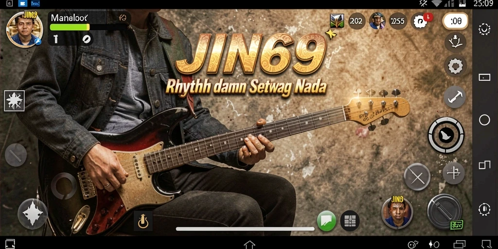 Screenshot utama JIN69 menampilkan gameplay yang seru dengan berbagai tombol musik.