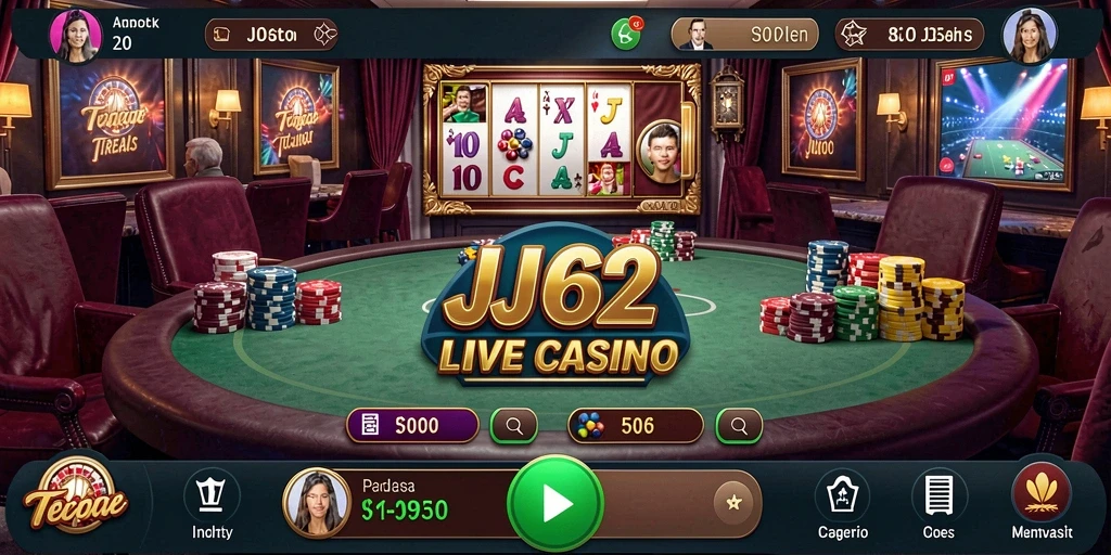 Screenshot gameplay JJ62 menunjukkan dealer langsung dan suasana kasino yang hidup.