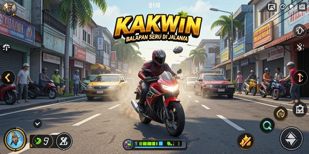 Screenshot gameplay KAKWIN menampilkan balapan mendebarkan di jalanan dengan mobil yang cepat.