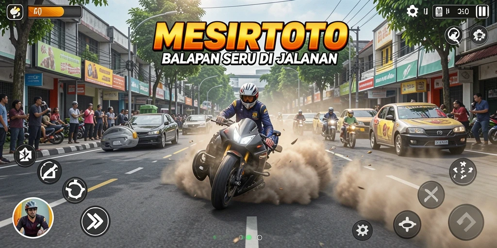 Tangkapan layar <strong>MESIRTOTO</strong> menampilkan aksi balapan seru di jalanan.