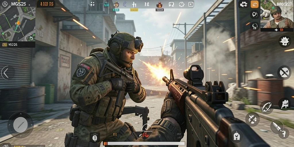 Tampilan gameplay MG525 penuh aksi dan strategi di arena bertempur.