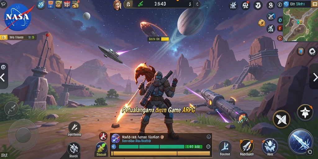 Screenshot menunjukkan karakter beraksi dalam dunia ARPG yang epik.