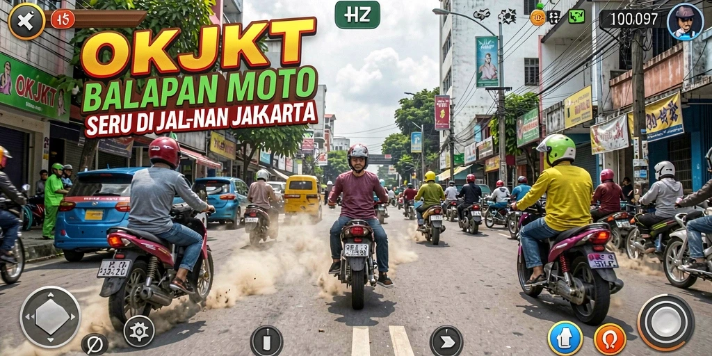 Screenshot gameplay OKJKT menampilkan balapan motor yang mendebarkan.