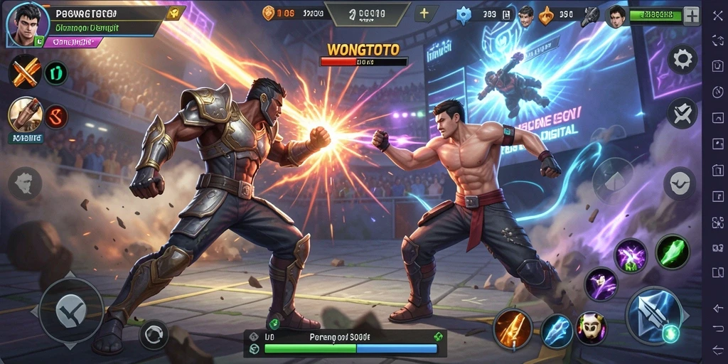 Tampilan gameplay WONGTOTO menampilkan pertarungan dinamis dan karakter yang beraksi.